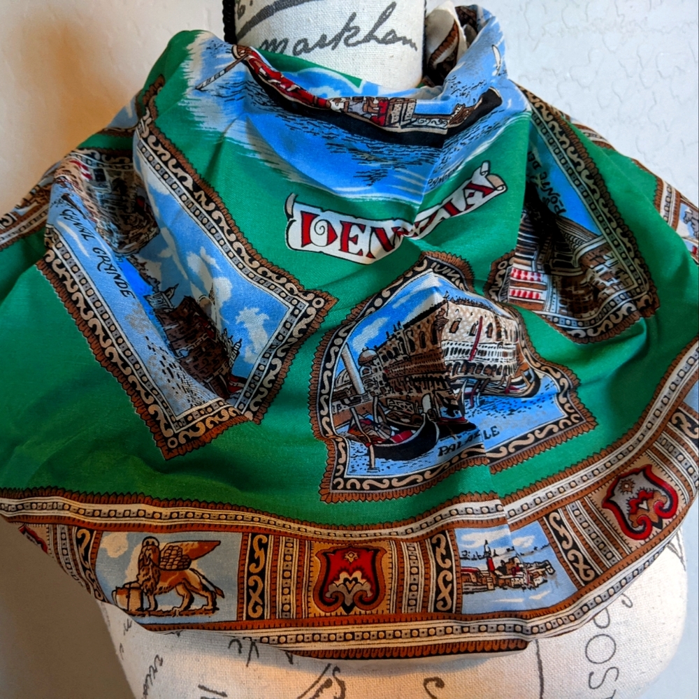 Vintage Venezia Scarf Silk Venice Italy Travel Scarf 26" X 26" - Picture 1 of 5